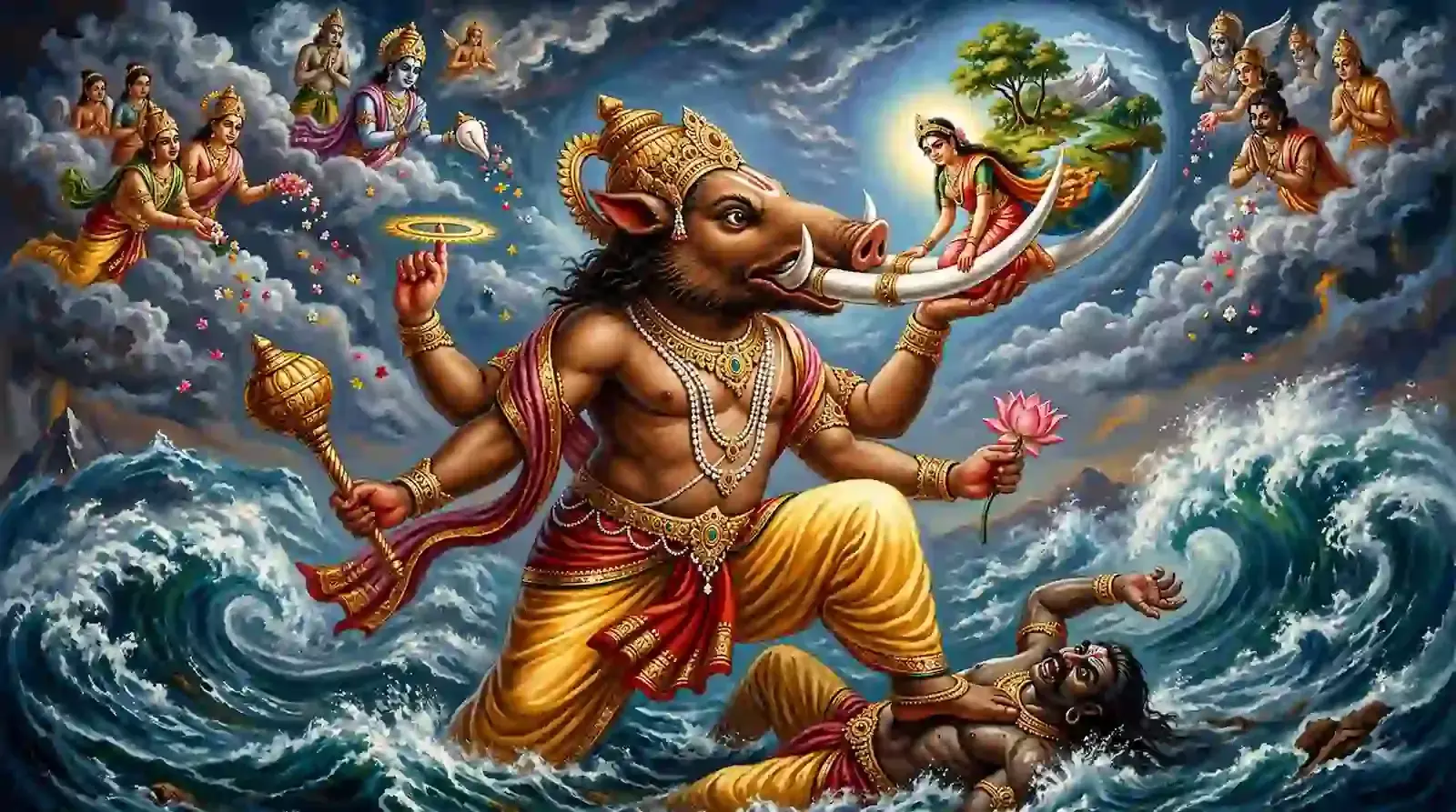खजुराहो मंदिर में स्थापित भगवान वराह की पत्थर से निर्मित प्राचीन विशाल मूर्ति जिसमें उनके शरीर पर विभिन्न आकृतियां उकेरी गई हैं।