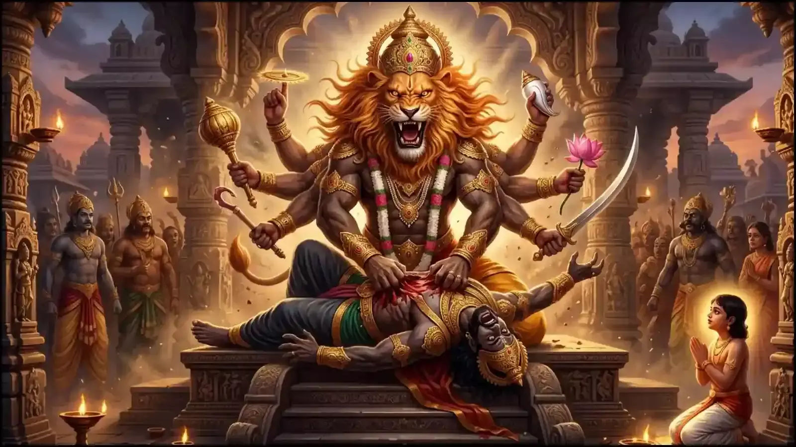 हिरण्यकशिपु का वध करते भगवान नृसिंह की मूर्ति जिसमें भक्त प्रह्लाद उनके चरणों के पास खड़े दिख रहे हैं।