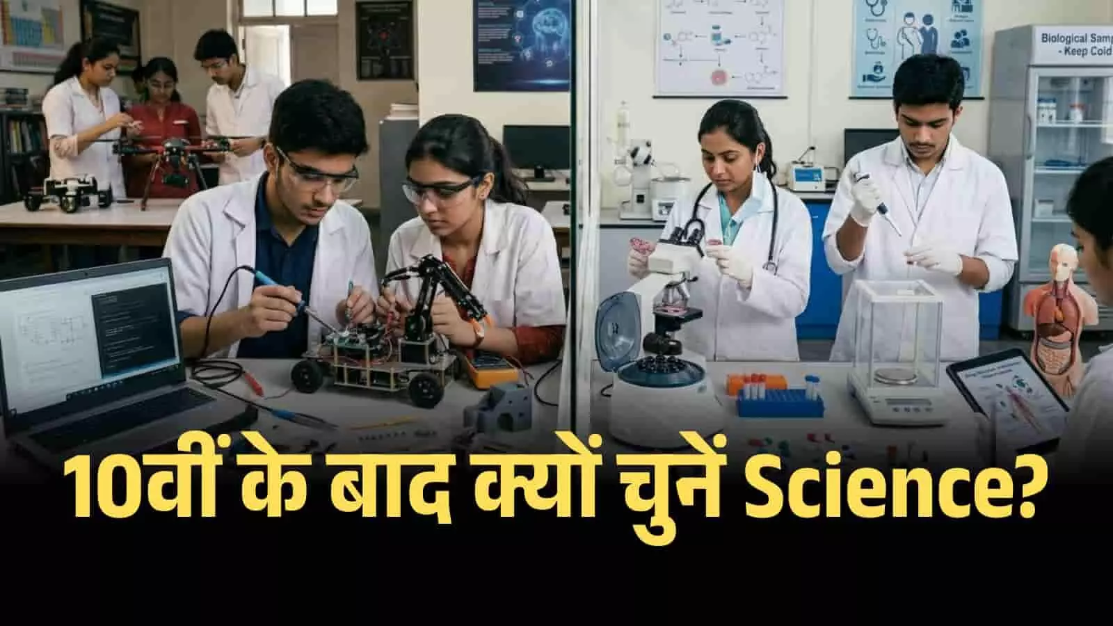 प्रयोगशाला में रोबोटिक्स और मेडिकल रिसर्च करते हुए छात्र साइंस करियर के विकल्पों को दर्शाते हैं। Image generated by AI for illustrative purposes. प्रयोगशाला में रोबोटिक्स और मेडिकल रिसर्च करते हुए छात्र साइंस करियर के विकल्पों को दर्शाते हैं। Image generated by AI for illustrative purposes.