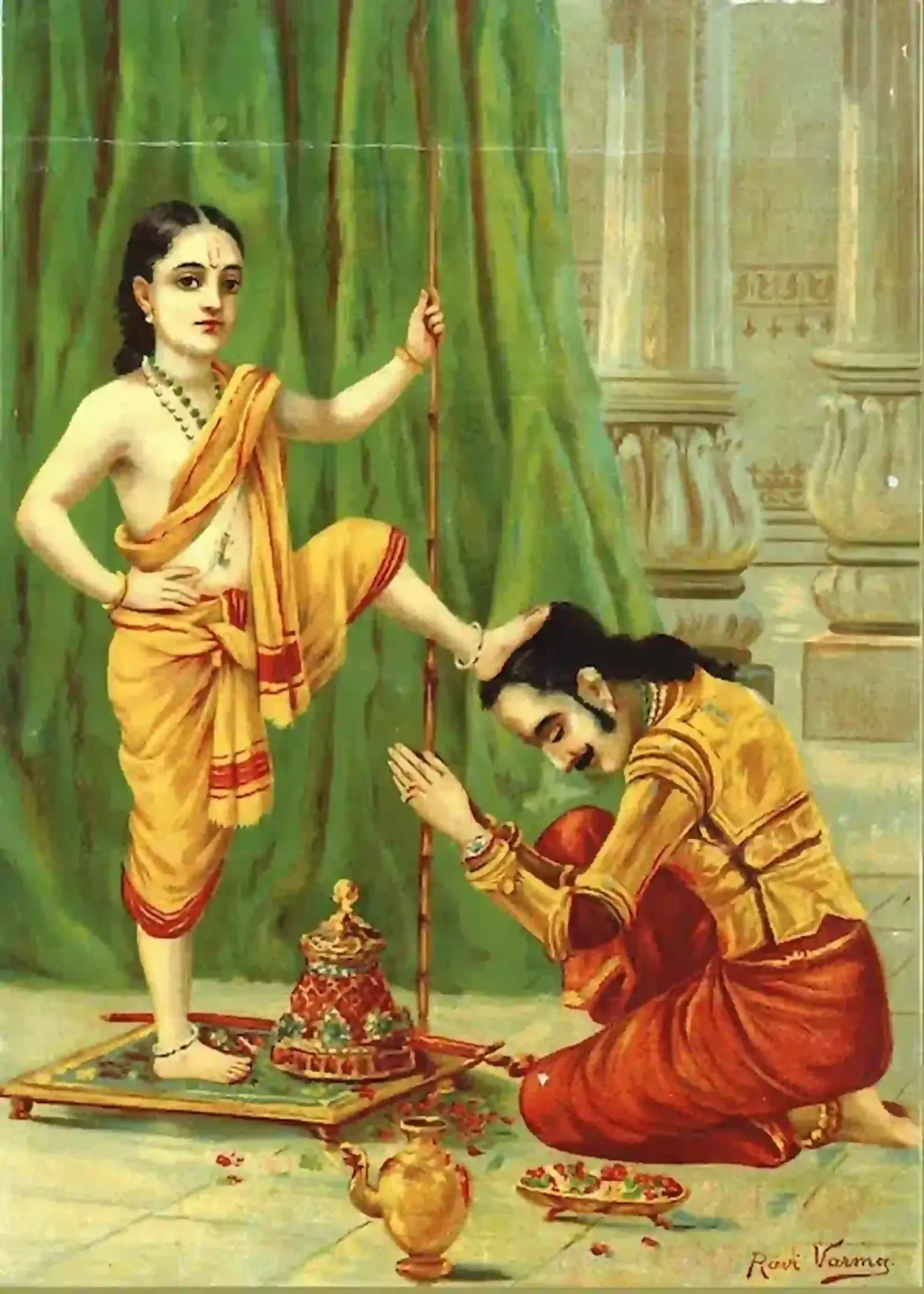 भगवान विष्णु के पांचवें अवतार वामन देव का हाथ में कमंडल और छत्र लिए चित्रण।