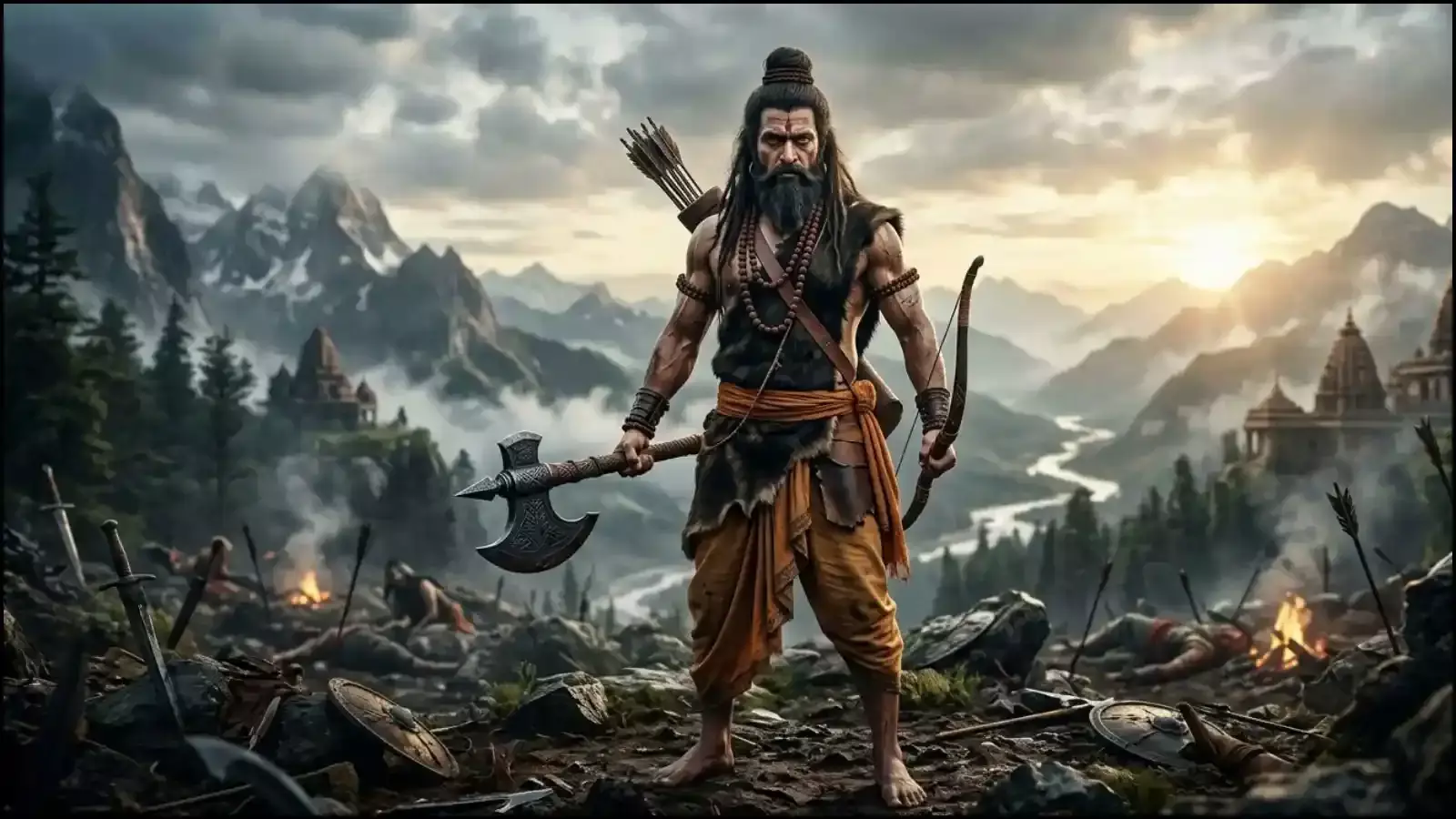 भगवान विष्णु के छठे अवतार परशुराम हाथ में फरसा लिए प्राचीन मंदिर के पास खड़े हैं