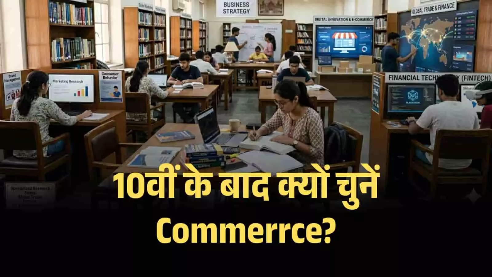 लाइब्रेरी में पढ़ाई करते छात्र और डिजिटल स्क्रीन पर कॉमर्स डेटा का विश्लेषण। Image generated by AI for illustrative purposes. लाइब्रेरी में पढ़ाई करते छात्र और डिजिटल स्क्रीन पर कॉमर्स डेटा का विश्लेषण। Image generated by AI for illustrative purposes.