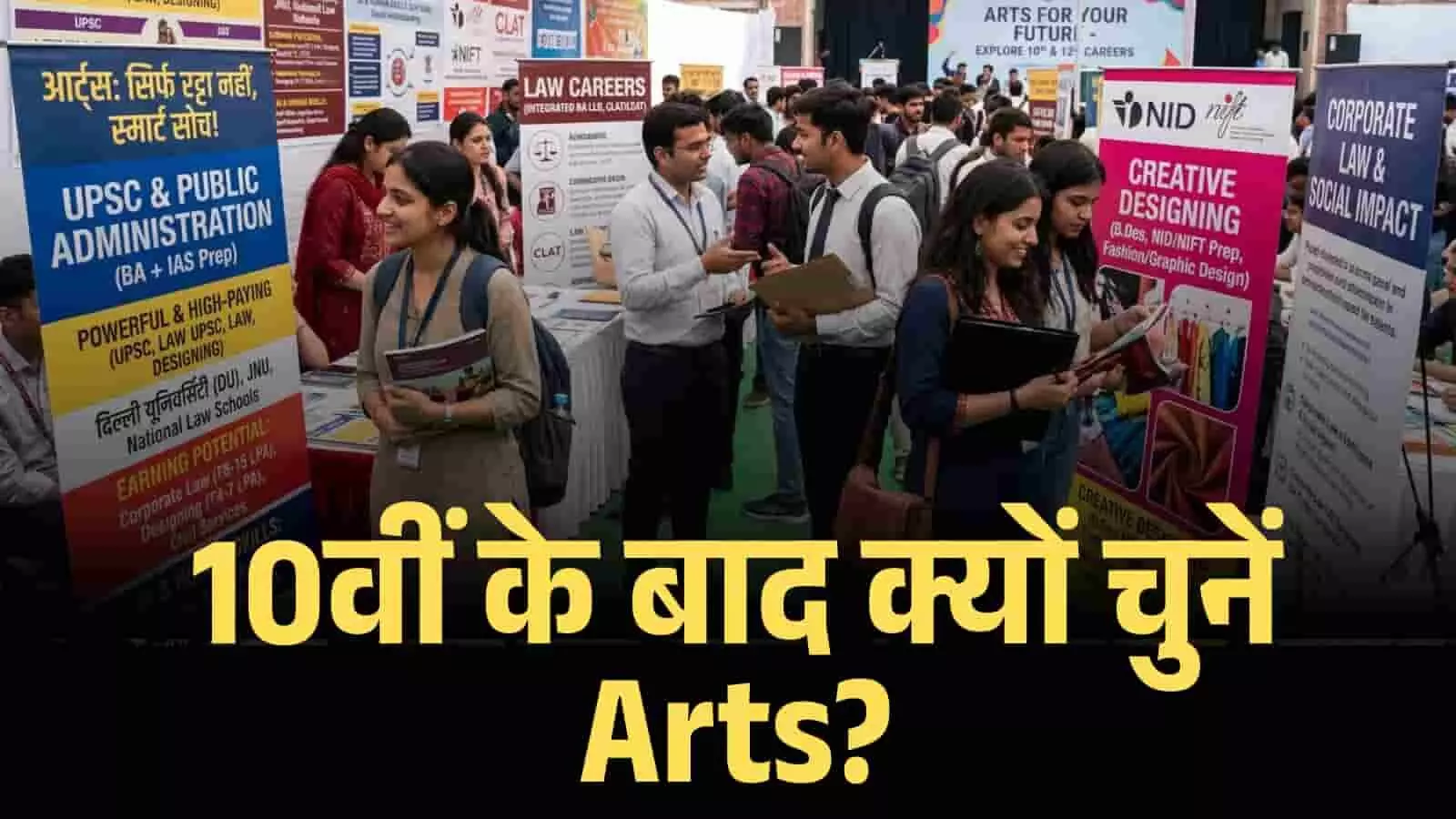 करियर फेयर में विभिन्न शैक्षणिक पोस्टरों के सामने खड़े छात्र भविष्य के कोर्सेस की जानकारी ले रहे हैं। करियर फेयर में विभिन्न शैक्षणिक पोस्टरों के सामने खड़े छात्र भविष्य के कोर्सेस की जानकारी ले रहे हैं।