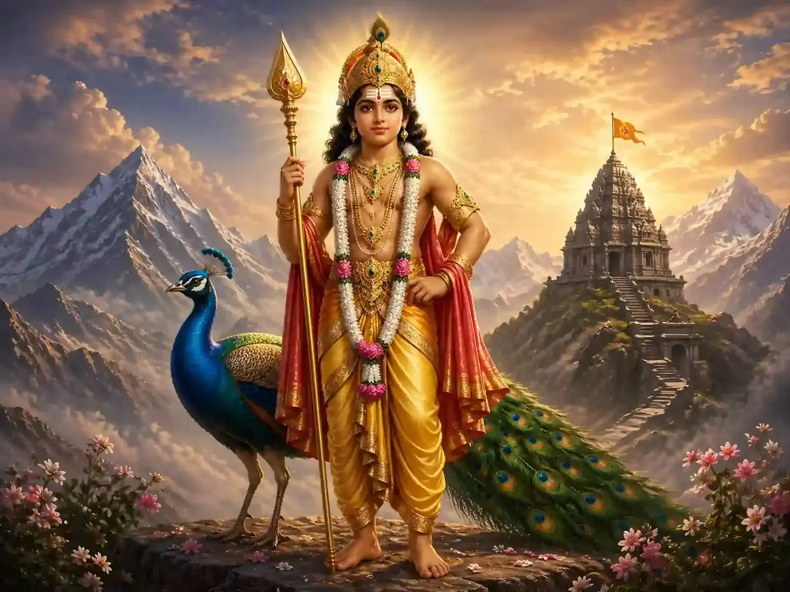 मयूर वाहन पर विराजमान और हाथ में दिव्य अस्त्र वेल धारण किए हुए भगवान कार्तिकेय का एआई निर्मित उदाहरणात्मक चित्र।