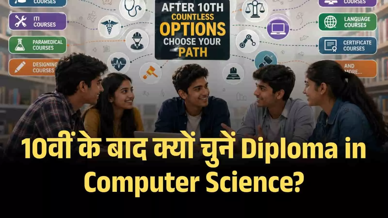 कक्षा में बैठे छात्र 10वीं के बाद कंप्यूटर साइंस डिप्लोमा और करियर विकल्पों पर चर्चा कर रहे हैं। कक्षा में बैठे छात्र 10वीं के बाद कंप्यूटर साइंस डिप्लोमा और करियर विकल्पों पर चर्चा कर रहे हैं।