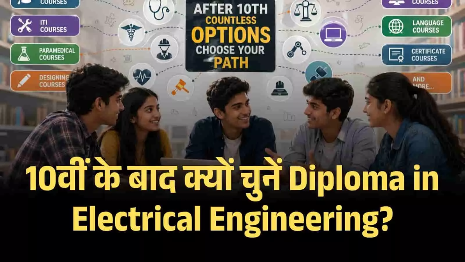 एक ग्राफिक इमेज जिसमें छात्र 10वीं के बाद इलेक्ट्रिकल इंजीनियरिंग डिप्लोमा के विभिन्न करियर विकल्पों पर चर्चा कर रहे हैं। एक ग्राफिक इमेज जिसमें छात्र 10वीं के बाद इलेक्ट्रिकल इंजीनियरिंग डिप्लोमा के विभिन्न करियर विकल्पों पर चर्चा कर रहे हैं।