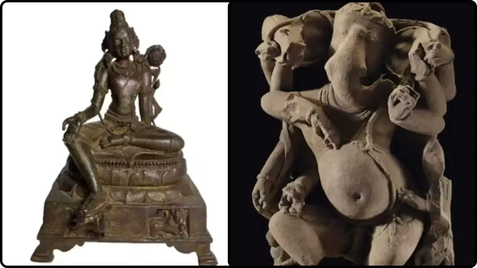 कांस्य और पत्थर से बनी प्राचीन मूर्तियां अमेरिका से भारत वापसी के संदर्भ में दिख रही हैं।