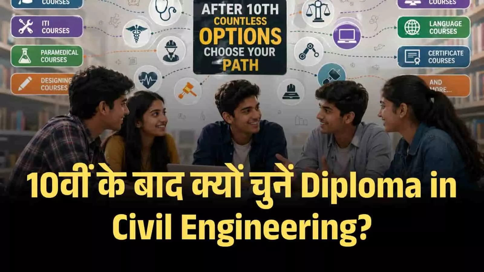 एक इंफोग्राफिक बैकग्राउंड के सामने पांच छात्र बैठकर करियर विकल्पों और सिविल इंजीनियरिंग के बारे में चर्चा कर रहे हैं। एक इंफोग्राफिक बैकग्राउंड के सामने पांच छात्र बैठकर करियर विकल्पों और सिविल इंजीनियरिंग के बारे में चर्चा कर रहे हैं।