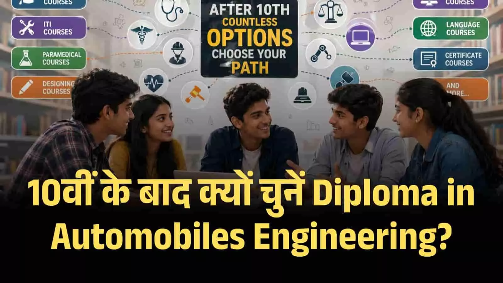 ग्राफिक में 10वीं के बाद विभिन्न करियर विकल्पों के बीच छात्र चर्चा करते हुए डिप्लोमा इन ऑटोमोबाइल इंजीनियरिंग का चुनाव दर्शा रहे हैं। ग्राफिक में 10वीं के बाद विभिन्न करियर विकल्पों के बीच छात्र चर्चा करते हुए डिप्लोमा इन ऑटोमोबाइल इंजीनियरिंग का चुनाव दर्शा रहे हैं।