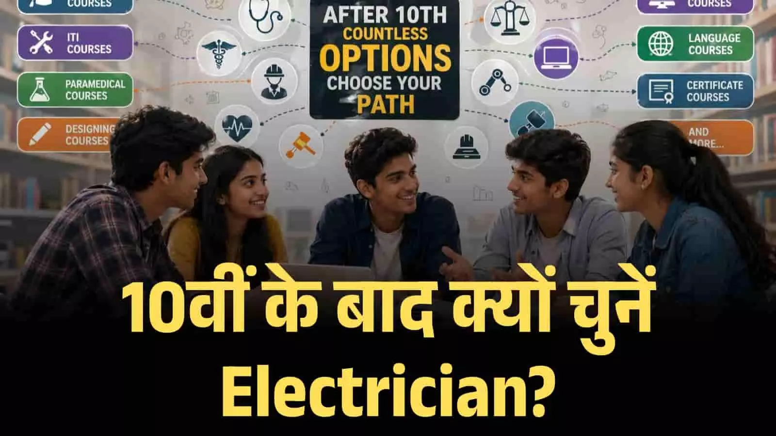 कक्षा में बैठे छात्र और विभिन्न व्यावसायिक पाठ्यक्रमों को दर्शाता एक ग्राफिक इन्फोग्राफिक। Image generated by AI for illustrative purposes. कक्षा में बैठे छात्र और विभिन्न व्यावसायिक पाठ्यक्रमों को दर्शाता एक ग्राफिक इन्फोग्राफिक। Image generated by AI for illustrative purposes.