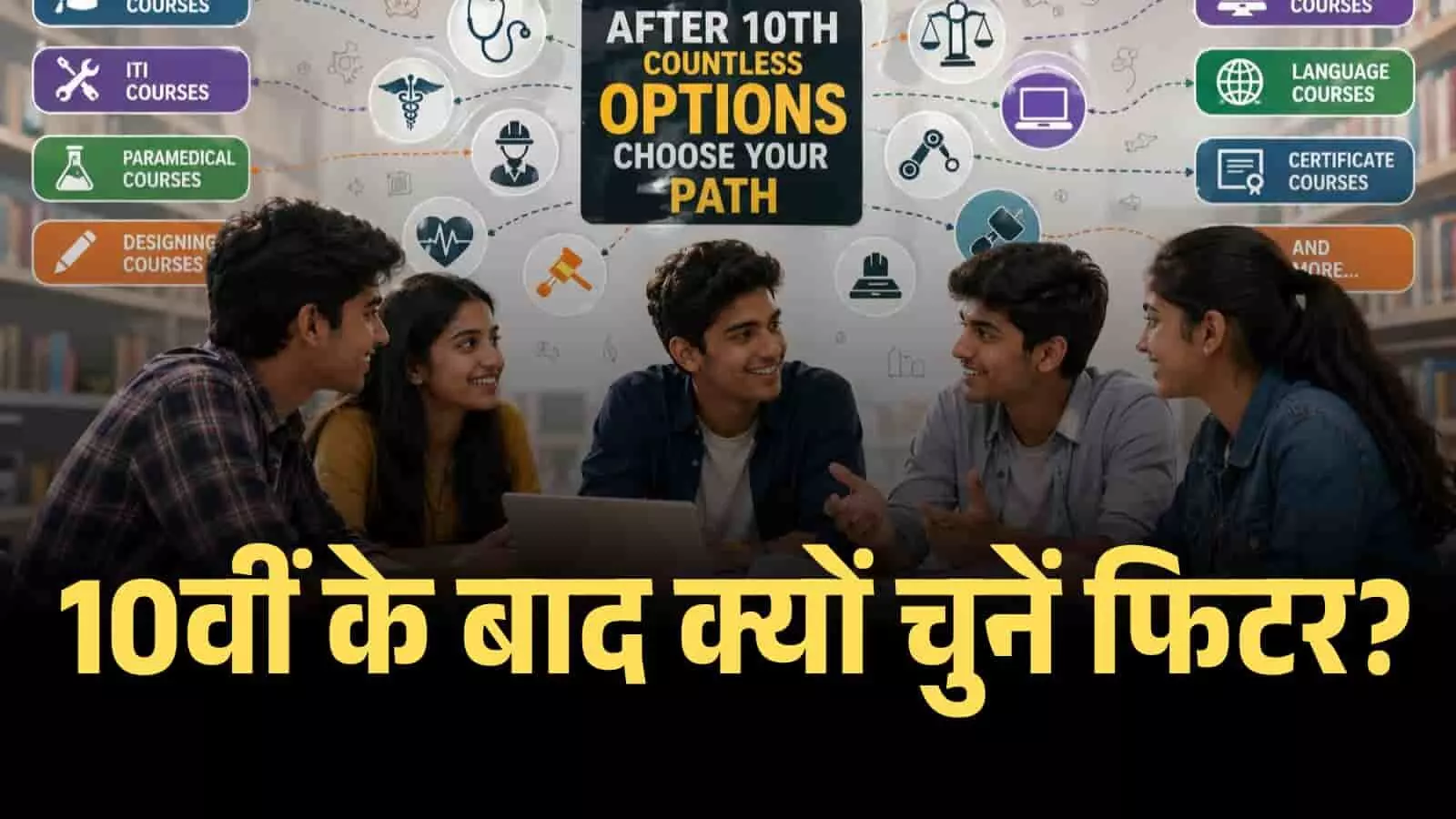 विभिन्न करियर विकल्पों के इन्फोग्राफिक के नीचे बैठे छात्र और 10वीं के बाद फिटर ट्रेड चुनने का टेक्स्ट। Image generated by AI for illustrative purposes. विभिन्न करियर विकल्पों के इन्फोग्राफिक के नीचे बैठे छात्र और 10वीं के बाद फिटर ट्रेड चुनने का टेक्स्ट। Image generated by AI for illustrative purposes.
