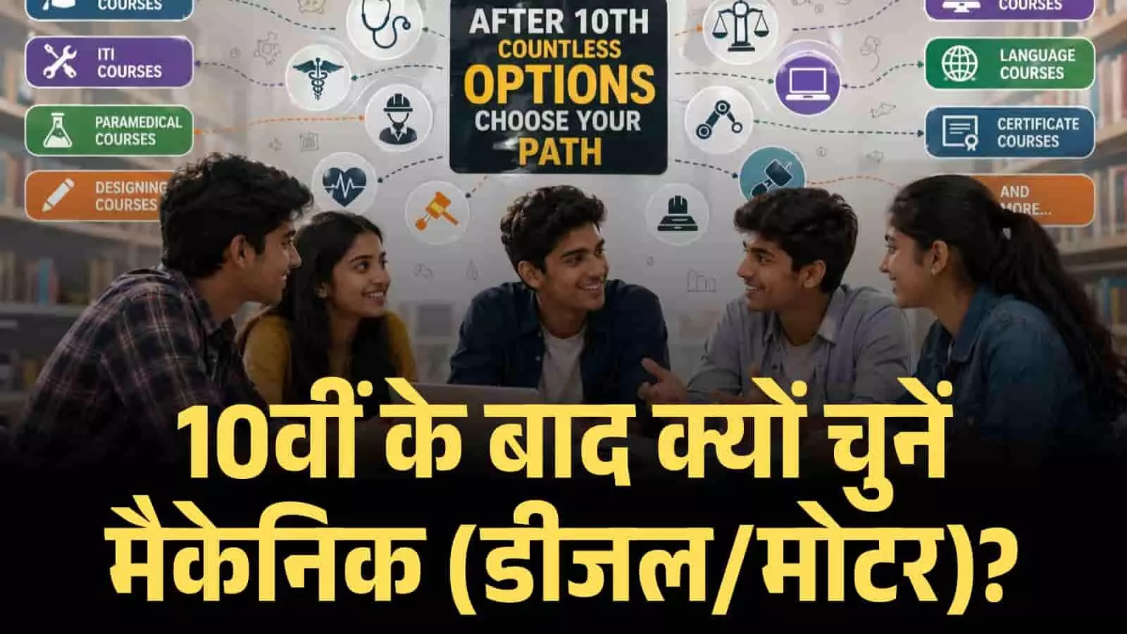 करियर विकल्पों और आईटीआई कोर्स पर चर्चा करते हुए छात्रों का समूह एआई द्वारा निर्मित चित्र। Image generated by AI for illustrative purposes. करियर विकल्पों और आईटीआई कोर्स पर चर्चा करते हुए छात्रों का समूह एआई द्वारा निर्मित चित्र। Image generated by AI for illustrative purposes.
