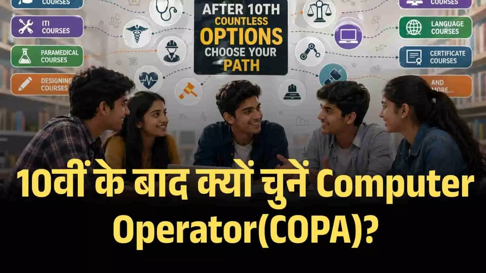 ग्राफिक में 10वीं के बाद उपलब्ध विभिन्न वोकेशनल कोर्स और कोपा के विकल्पों को देखते विद्यार्थी। ग्राफिक में 10वीं के बाद उपलब्ध विभिन्न वोकेशनल कोर्स और कोपा के विकल्पों को देखते विद्यार्थी।