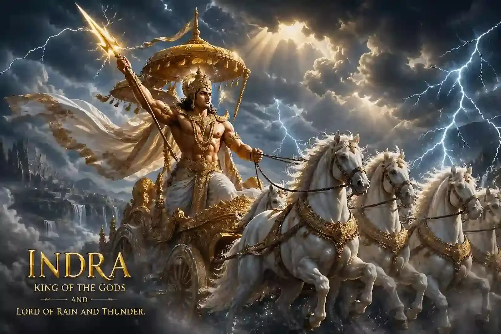 सफेद हाथी ऐरावत पर सवार वज्रधारी भगवान इंद्र स्वर्ग लोक के राजा के रूप में। सफेद हाथी ऐरावत पर सवार वज्रधारी भगवान इंद्र स्वर्ग लोक के राजा के रूप में।