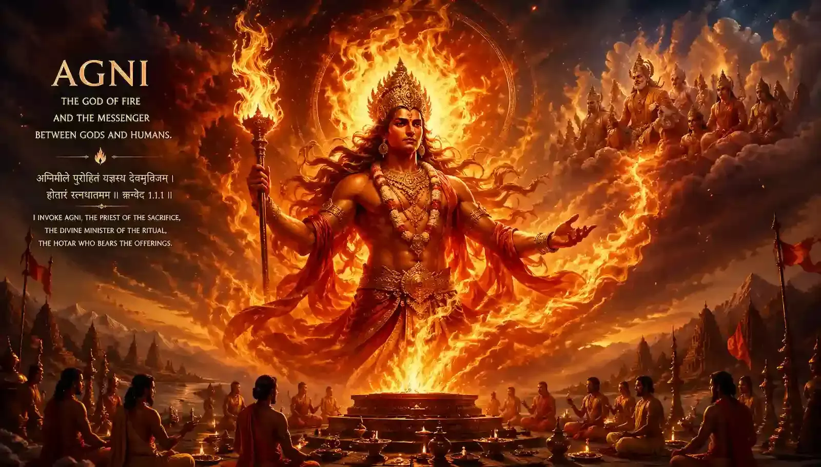 लाल रंग के आभा मंडल और मेष वाहन के साथ सात भुजाओं वाले अग्नि देव की कलात्मक प्रतिमा। लाल रंग के आभा मंडल और मेष वाहन के साथ सात भुजाओं वाले अग्नि देव की कलात्मक प्रतिमा।
