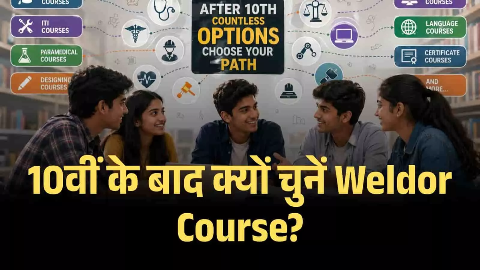 क्लासरूम में बैठे छात्र करियर चार्ट के सामने वेल्डिंग और आईटीआई पाठ्यक्रमों के बारे में बात कर रहे हैं। क्लासरूम में बैठे छात्र करियर चार्ट के सामने वेल्डिंग और आईटीआई पाठ्यक्रमों के बारे में बात कर रहे हैं।