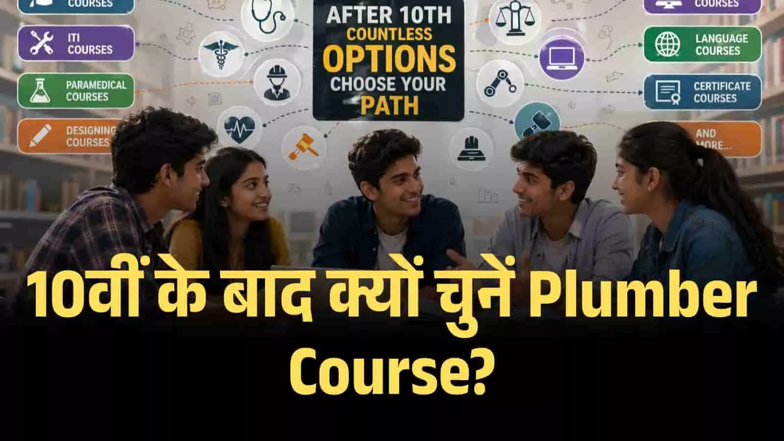 एक शैक्षणिक चार्ट के सामने बैठे छात्र करियर विकल्पों और ITI प्लम्बर कोर्स के महत्व पर चर्चा कर रहे हैं। एक शैक्षणिक चार्ट के सामने बैठे छात्र करियर विकल्पों और ITI प्लम्बर कोर्स के महत्व पर चर्चा कर रहे हैं।