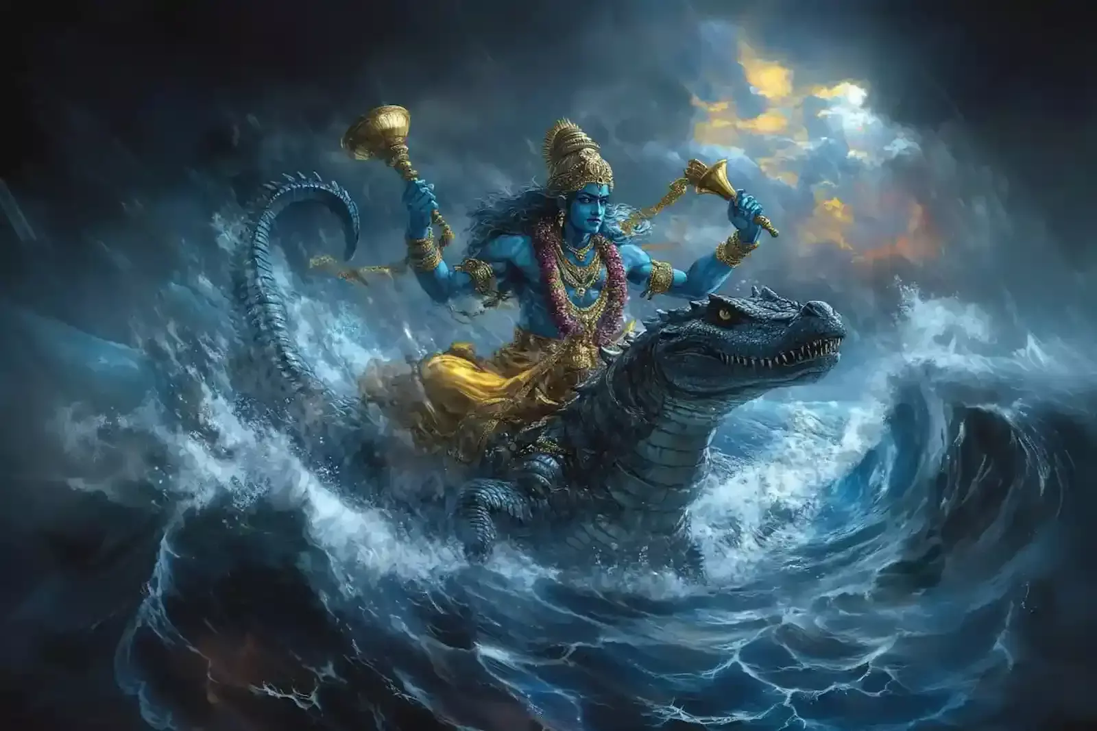 मगरमच्छ पर सवार वरुण देव का एआई द्वारा निर्मित कलात्मक चित्र मगरमच्छ पर सवार वरुण देव का एआई द्वारा निर्मित कलात्मक चित्र