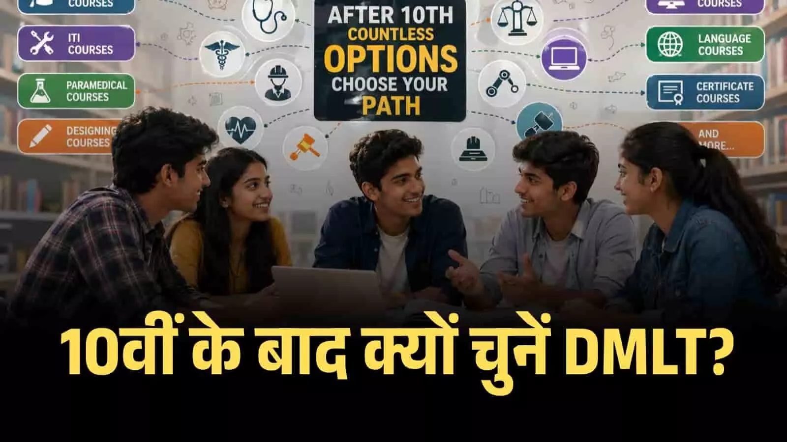 लाइब्रेरी में बैठे छात्र और करियर विकल्पों के चार्ट वाला पोस्टर जिसमें 10वीं के बाद DMLT का उल्लेख है। लाइब्रेरी में बैठे छात्र और करियर विकल्पों के चार्ट वाला पोस्टर जिसमें 10वीं के बाद DMLT का उल्लेख है।