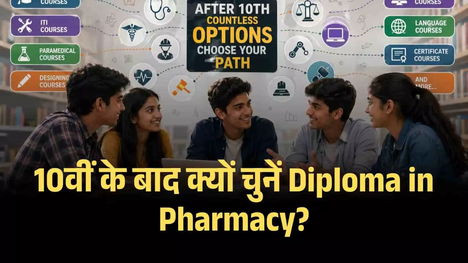 लाइब्रेरी में बैठे छात्र करियर ग्राफिक्स के जरिए फार्मेसी कोर्स और प्रोफेशनल भविष्य की योजना बना रहे हैं। Image generated by AI for illustrative purposes. लाइब्रेरी में बैठे छात्र करियर ग्राफिक्स के जरिए फार्मेसी कोर्स और प्रोफेशनल भविष्य की योजना बना रहे हैं। Image generated by AI for illustrative purposes.