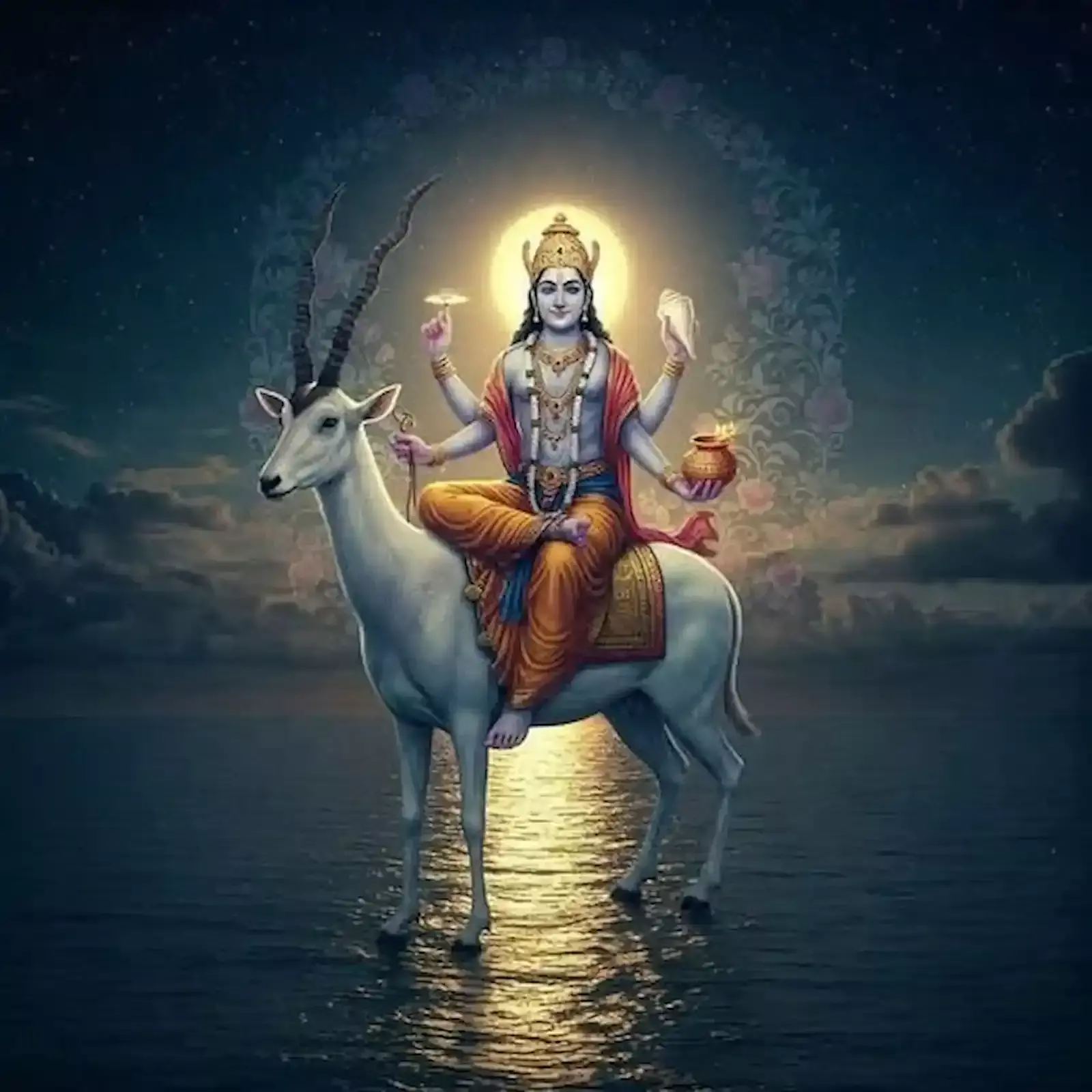 रथ पर सवार भगवान चंद्र की श्वेत आभा वाली पौराणिक प्रतिमा जो उनकी दिव्यता को दर्शाती है। रथ पर सवार भगवान चंद्र की श्वेत आभा वाली पौराणिक प्रतिमा जो उनकी दिव्यता को दर्शाती है।