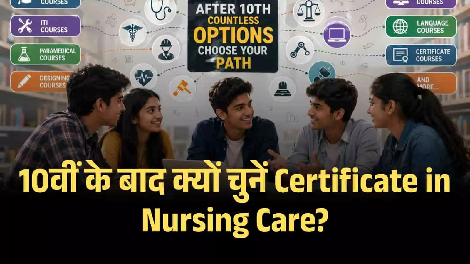 ग्राफिक में छात्र और करियर विकल्प चार्ट 10वीं के बाद नर्सिंग केयर कोर्स के चयन को दर्शाते हैं। ग्राफिक में छात्र और करियर विकल्प चार्ट 10वीं के बाद नर्सिंग केयर कोर्स के चयन को दर्शाते हैं।