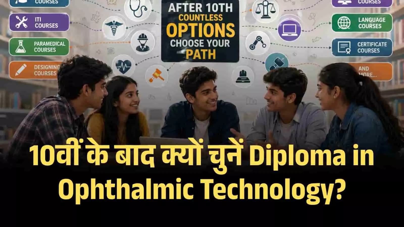 लाइब्रेरी में करियर विकल्पों पर चर्चा करते छात्र और विभिन्न कोर्स आइकन्स वाला एआई जनित ग्राफिक। Image generated by AI for illustrative purposes. लाइब्रेरी में करियर विकल्पों पर चर्चा करते छात्र और विभिन्न कोर्स आइकन्स वाला एआई जनित ग्राफिक। Image generated by AI for illustrative purposes.