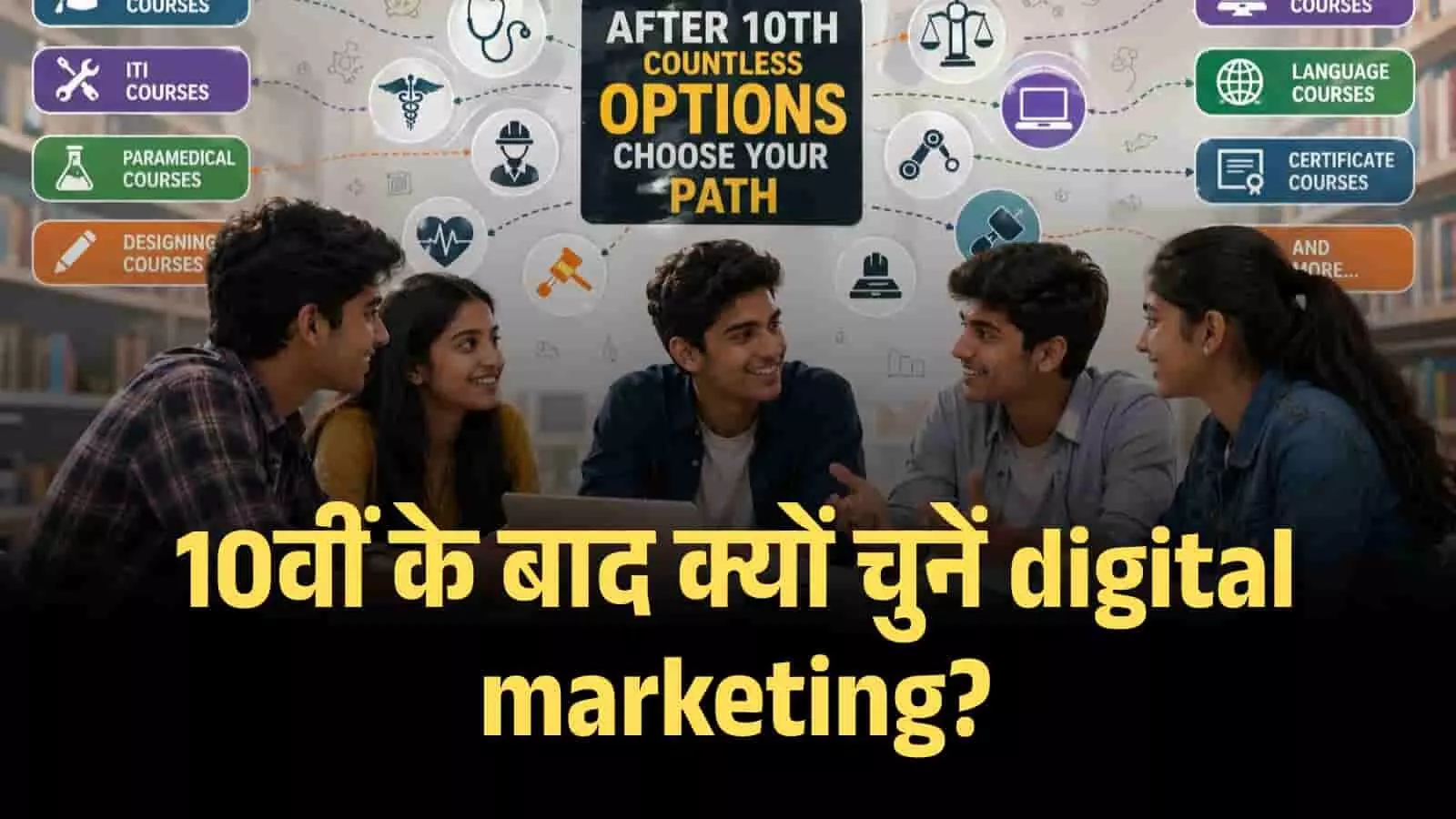 एक ऑफिस में बैठे छात्र कंप्यूटर पर डिजिटल मार्केटिंग और करियर विकल्पों का ग्राफिक्स देख रहे हैं। Image generated by AI for illustrative purposes. एक ऑफिस में बैठे छात्र कंप्यूटर पर डिजिटल मार्केटिंग और करियर विकल्पों का ग्राफिक्स देख रहे हैं। Image generated by AI for illustrative purposes.