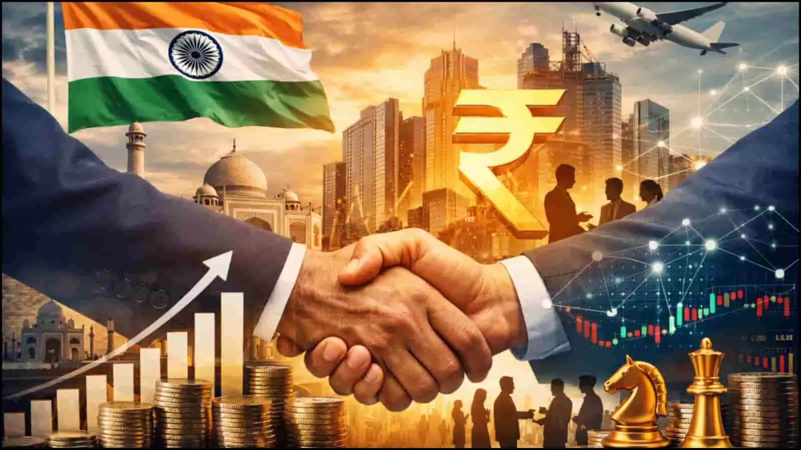 भारतीय तिरंगा और रुपये के चिन्ह के साथ व्यापारिक हाथ मिलाने का दृश्य निवेश और रोजगार वृद्धि के संदर्भ में। भारतीय तिरंगा और रुपये के चिन्ह के साथ व्यापारिक हाथ मिलाने का दृश्य निवेश और रोजगार वृद्धि के संदर्भ में।