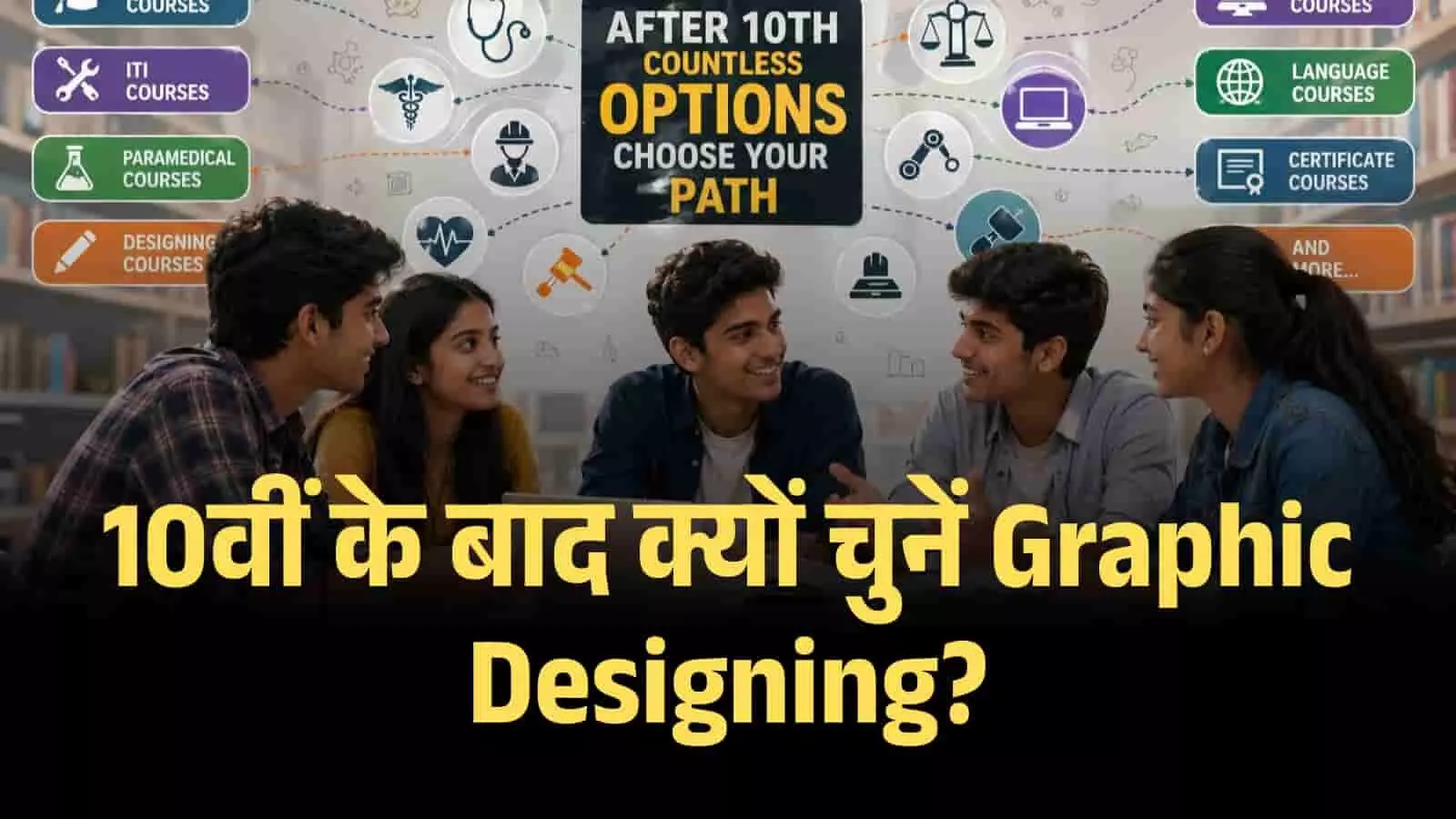 लाइब्रेरी में बैठे छात्र और उनके पीछे डिजाइनिंग कोर्सेज के विकल्पों को दर्शाता एक एआई जनरेटेड पोस्टर। Image generated by AI for illustrative purposes. लाइब्रेरी में बैठे छात्र और उनके पीछे डिजाइनिंग कोर्सेज के विकल्पों को दर्शाता एक एआई जनरेटेड पोस्टर। Image generated by AI for illustrative purposes.