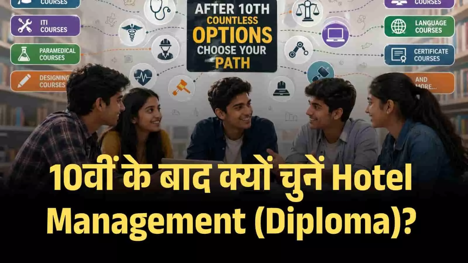 एक मेज पर बैठे छात्र करियर विकल्पों के ग्राफिक्स के सामने भविष्य की योजना बना रहे हैं। Image generated by AI for illustrative purposes. एक मेज पर बैठे छात्र करियर विकल्पों के ग्राफिक्स के सामने भविष्य की योजना बना रहे हैं। Image generated by AI for illustrative purposes.