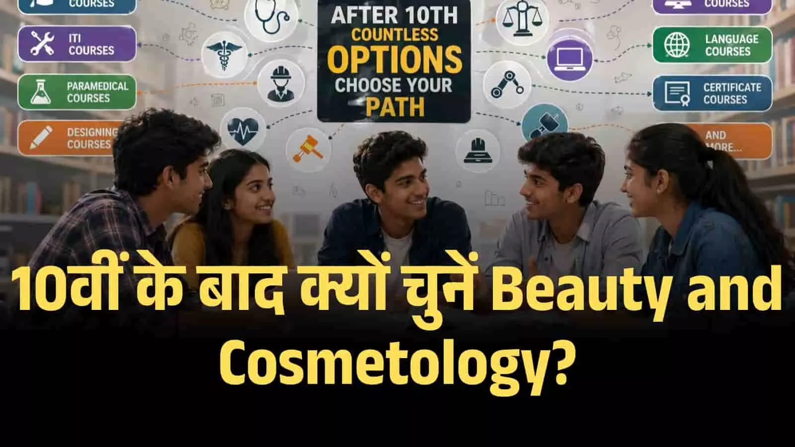 क्लासरूम में बैठे छात्र 10वीं के बाद ब्यूटी और कॉस्मेटोलॉजी करियर विकल्पों के चार्ट को देख रहे हैं। क्लासरूम में बैठे छात्र 10वीं के बाद ब्यूटी और कॉस्मेटोलॉजी करियर विकल्पों के चार्ट को देख रहे हैं।