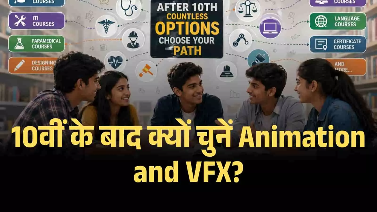 कक्षा में बैठे छात्र ग्राफिक्स के जरिए एनीमेशन और वीएफएक्स करियर के विकल्पों को समझ रहे हैं। कक्षा में बैठे छात्र ग्राफिक्स के जरिए एनीमेशन और वीएफएक्स करियर के विकल्पों को समझ रहे हैं।