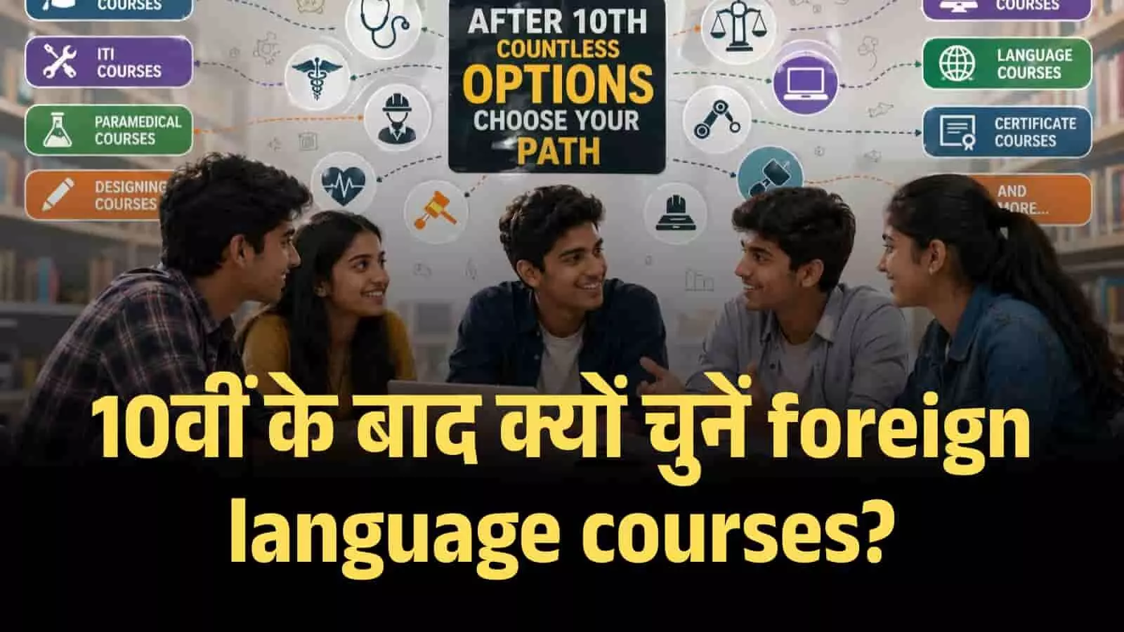 आधुनिक कक्षा में बैठकर विदेशी भाषा सीख रहे छात्र करियर के विभिन्न विकल्पों पर चर्चा कर रहे हैं। आधुनिक कक्षा में बैठकर विदेशी भाषा सीख रहे छात्र करियर के विभिन्न विकल्पों पर चर्चा कर रहे हैं।