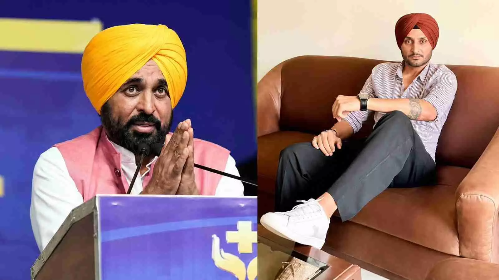मुख्यमंत्री भगवंत मान और सांसद हरभजन सिंह की अलग-अलग तस्वीरें|