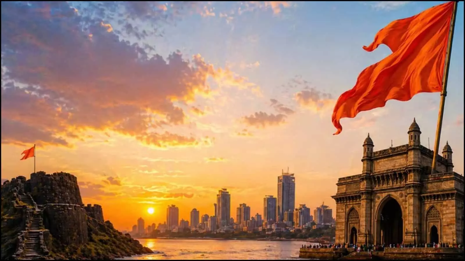 सूर्योदय के समय मुंबई का गेटवे ऑफ इंडिया और समुद्र तट जहां भगवा ध्वज लहरा रहा है।