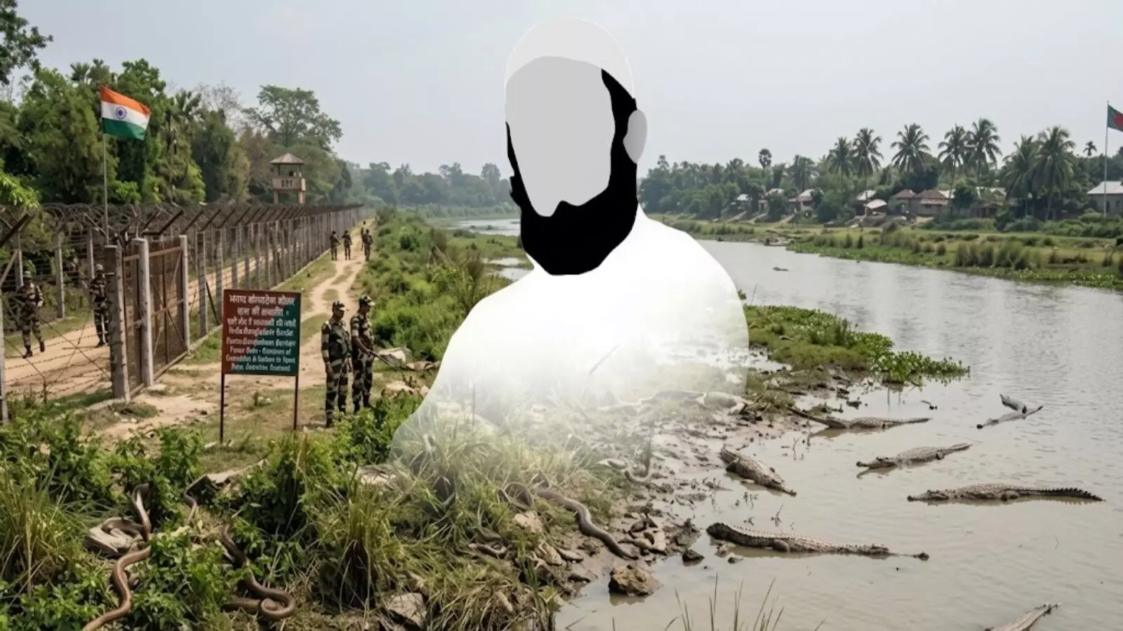 नदी किनारे सीमा की बाड़ के पास मगरमच्छों और सांपों का प्रतीकात्मक चित्रण। नदी किनारे सीमा की बाड़ के पास मगरमच्छों और सांपों का प्रतीकात्मक चित्रण।
