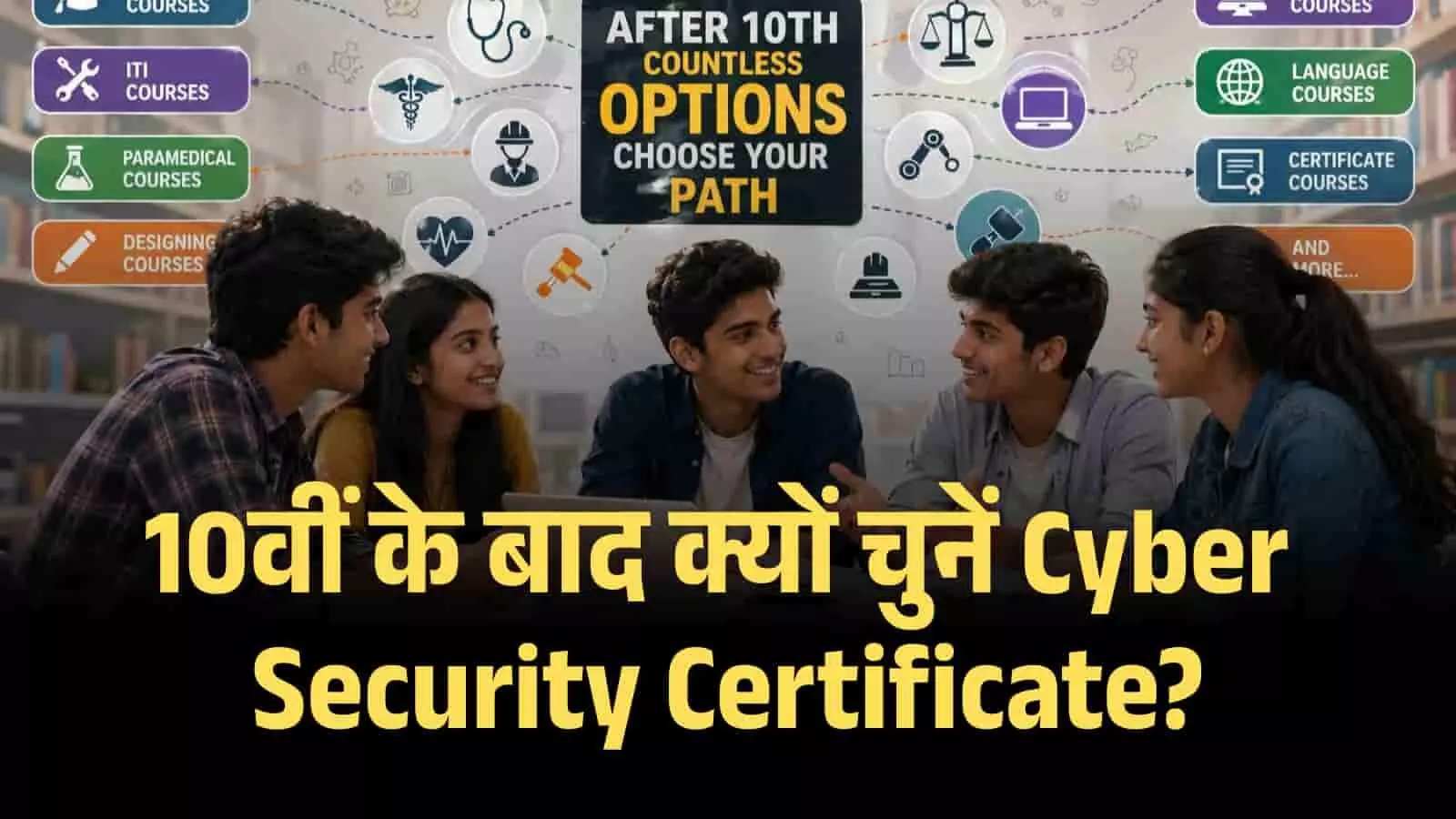 कक्षा में बैठे छात्र साइबर सिक्योरिटी करियर और विभिन्न कोर्स विकल्पों पर चर्चा कर रहे हैं। Image generated by AI for illustrative purposes.