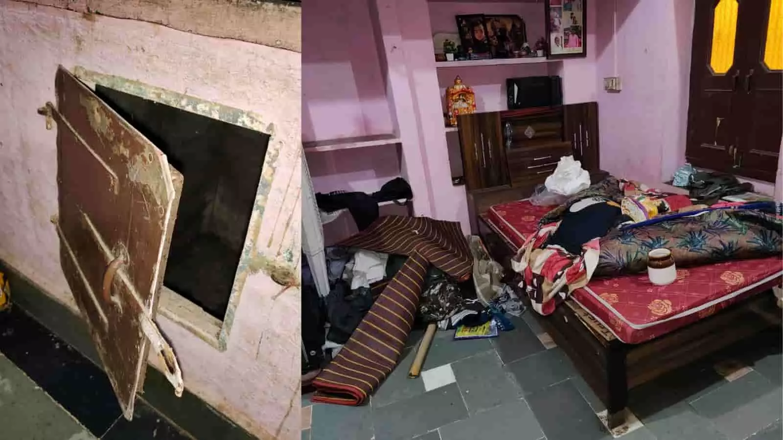 बस्सी में चोरी के बाद घर के कमरे में बिखरा हुआ सामान और खुला हुआ लोहे का दरवाजा।