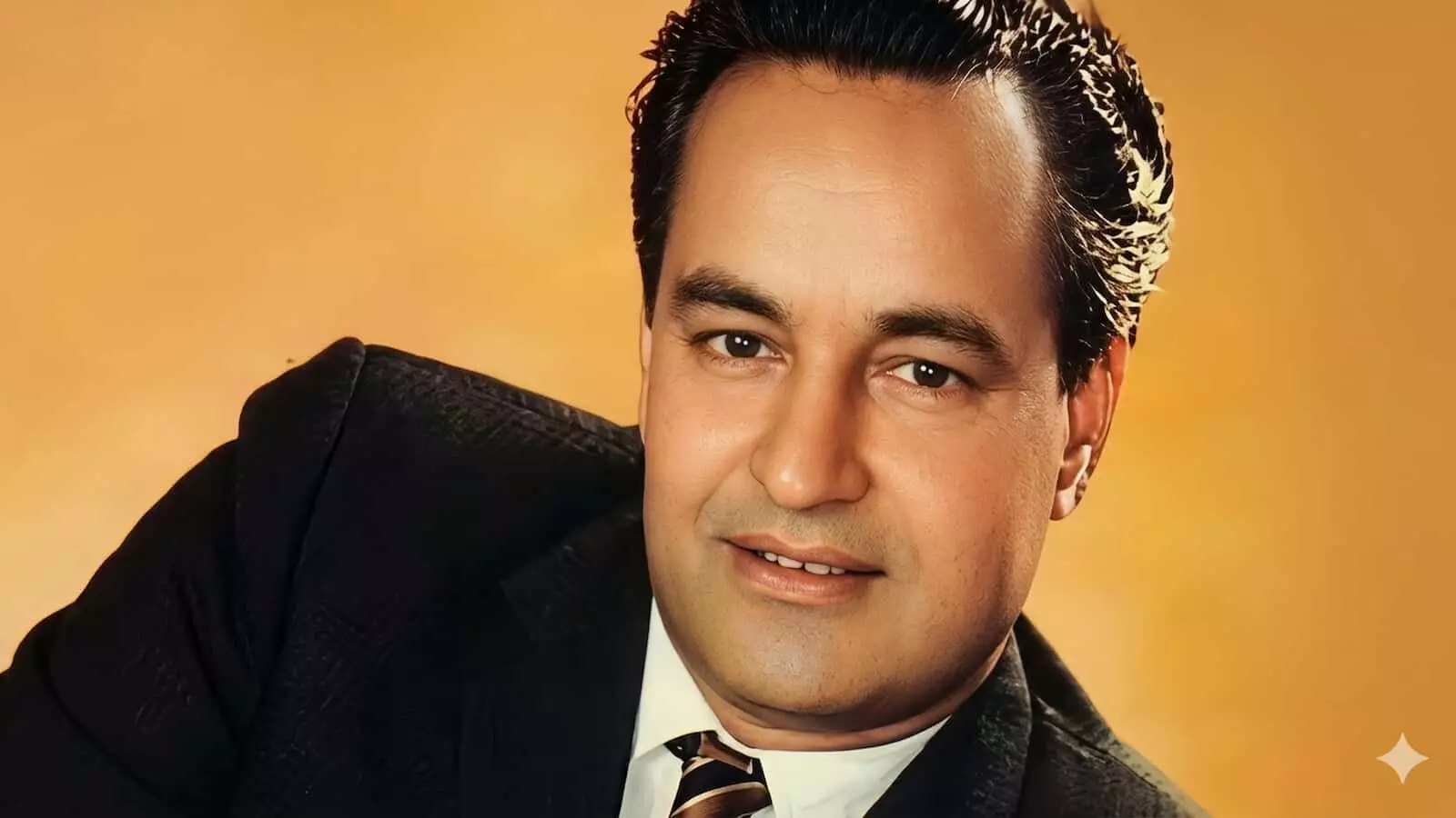 पार्श्व गायक मुकेश की मुस्कुराते हुए तस्वीर जो उनके संगीत सफर और व्यक्तित्व को दर्शाती है।