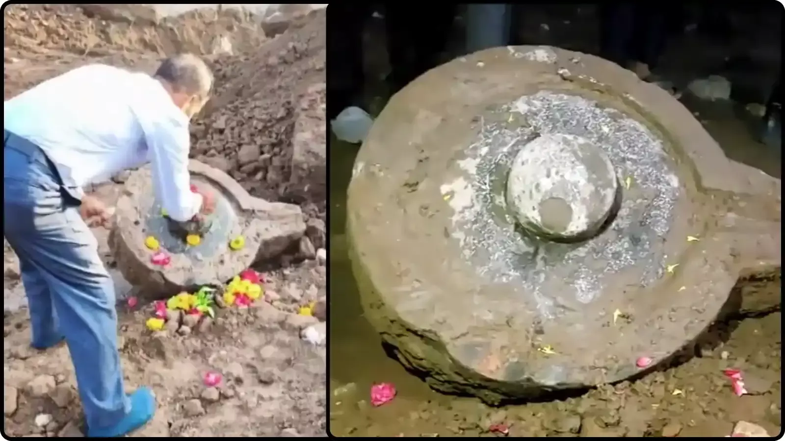 जमीन की खुदाई से निकला प्राचीन शिवलिंग उज्जैन महाकालेश्वर मंदिर परिसर निर्माण कार्य के दौरान।