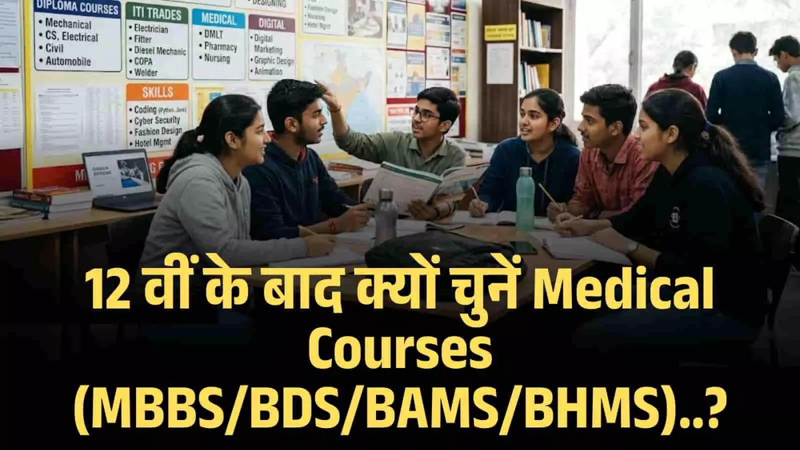 अस्पताल के वार्ड में मरीजों की जांच करते मेडिकल इंटर्न के शैक्षणिक सत्र का एआई जनित चित्रण। Image generated by AI for illustrative purposes.