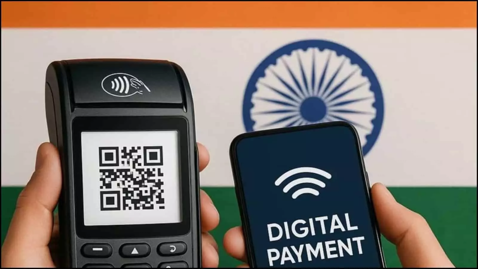 स्मार्टफोन और क्यूआर कोड स्कैनर डिजिटल भुगतान के संदर्भ में भारतीय तिरंगे के सामने दिख रहे हैं।