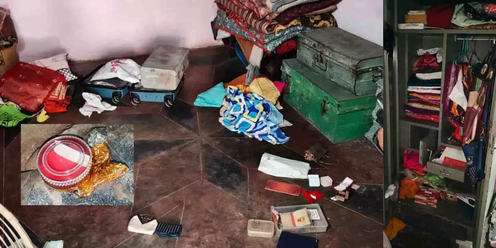सोनिया चौक के एक घर में चोरी के बाद जमीन पर बिखरा सामान और खुली हुई अलमारी का दृश्य।