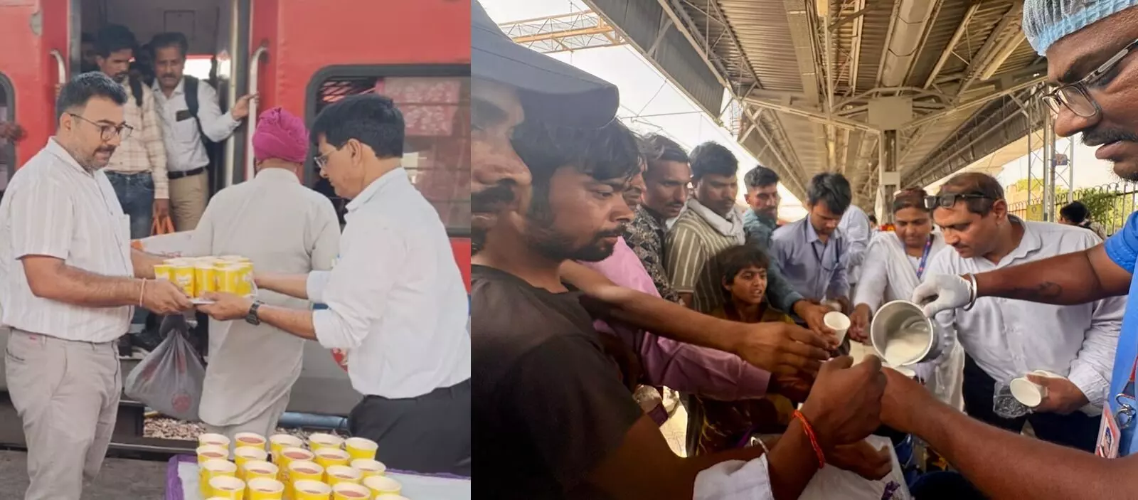 रेलवे स्टेशन प्लेटफॉर्म पर रेल कर्मचारी सामान्य श्रेणी के यात्रियों को ठंडे पेय पदार्थ और जूस बांटते हुए। रेलवे स्टेशन प्लेटफॉर्म पर रेल कर्मचारी सामान्य श्रेणी के यात्रियों को ठंडे पेय पदार्थ और जूस बांटते हुए।