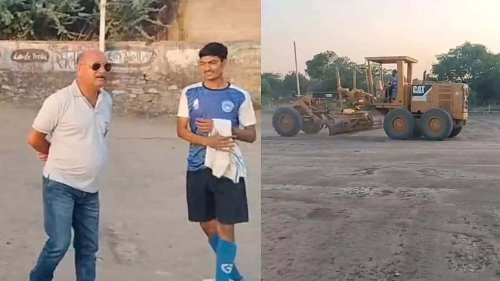 कुंवारिया हॉकी ग्राउंड पर जेसीबी मशीन से सफाई और समतलीकरण का कार्य किया जा रहा है।