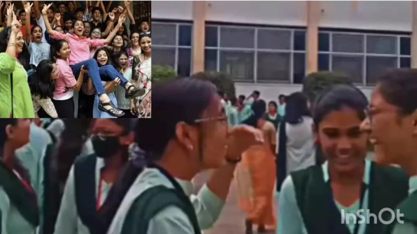 स्कूल परिसर में बारहवीं कक्षा के परिणाम आने के बाद खुशी मनाती छात्राएं और शिक्षक।