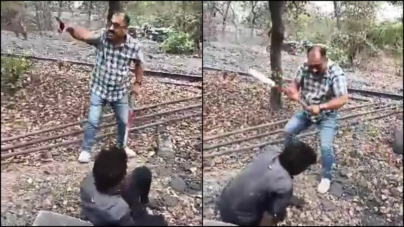 हाथ में हॉकी स्टिक लिए एक व्यक्ति जमीन पर बैठे युवक को सिंगरौली में पीट रहा है।