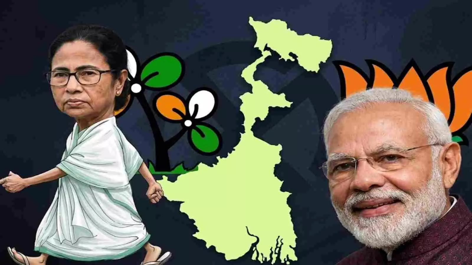 बंगाल के नक्शे के साथ ममता बनर्जी और प्रधानमंत्री नरेंद्र मोदी के चित्र चुनावी परिणाम के संदर्भ में।