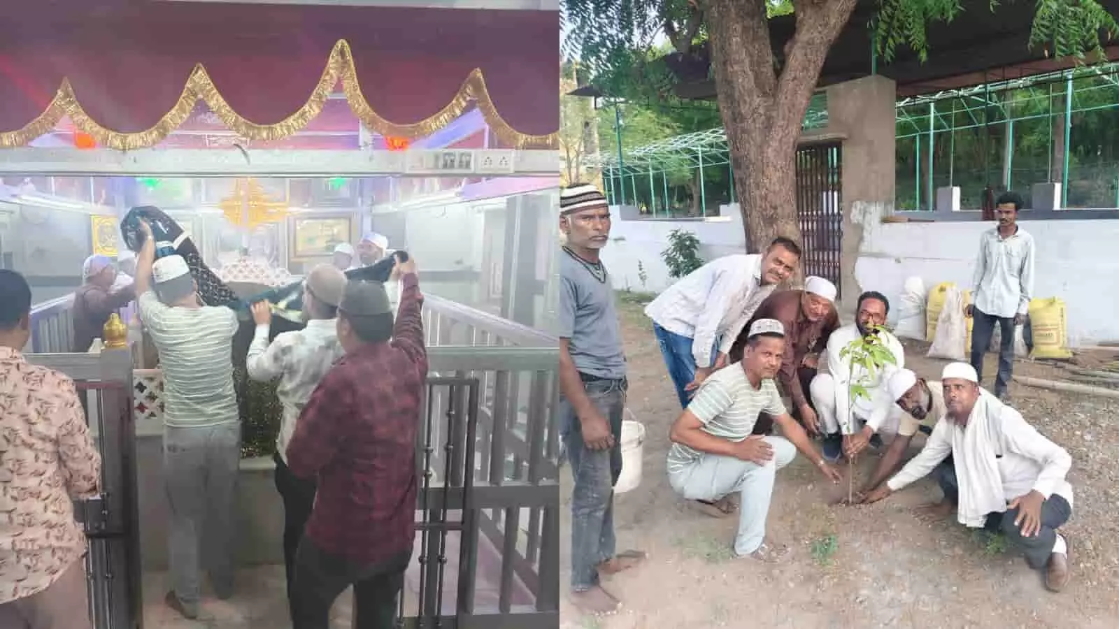 नाथद्वारा की गनी बाबा दरगाह में चादर चढ़ाते और बाहर वृक्षारोपण करते अल्पसंख्यक कांग्रेस के सदस्य।